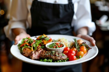 Chef Holding Plate Of Grilled Steak, Summer Vegetables, And Fresh Herbs in Restaurant