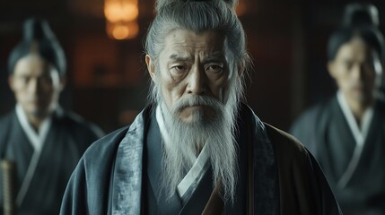 Obraz premium Austere Samurai Presence in Traditional Japanese Setting with Wood and Flame Ambience : Generative AI