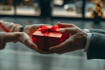 Couple Exchanging Christmas Gift Love, Giving, and Holiday Spirit in Red and Gray Tones