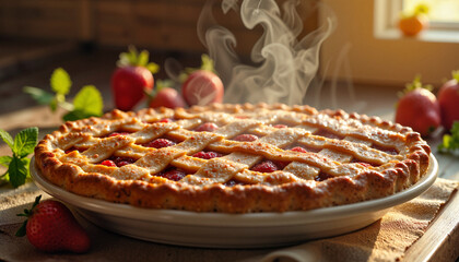Warm strawberry rhubarb pie baking in rustic kitchen at sunrise, comfort food
