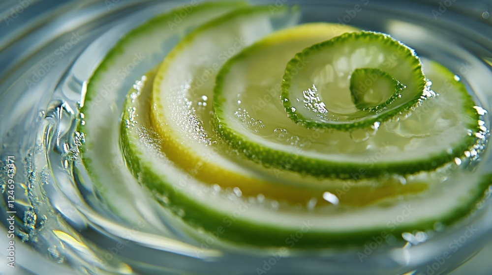 Poster lime slices floating in clear liquid with bubbles creating a refreshing and vibrant pattern