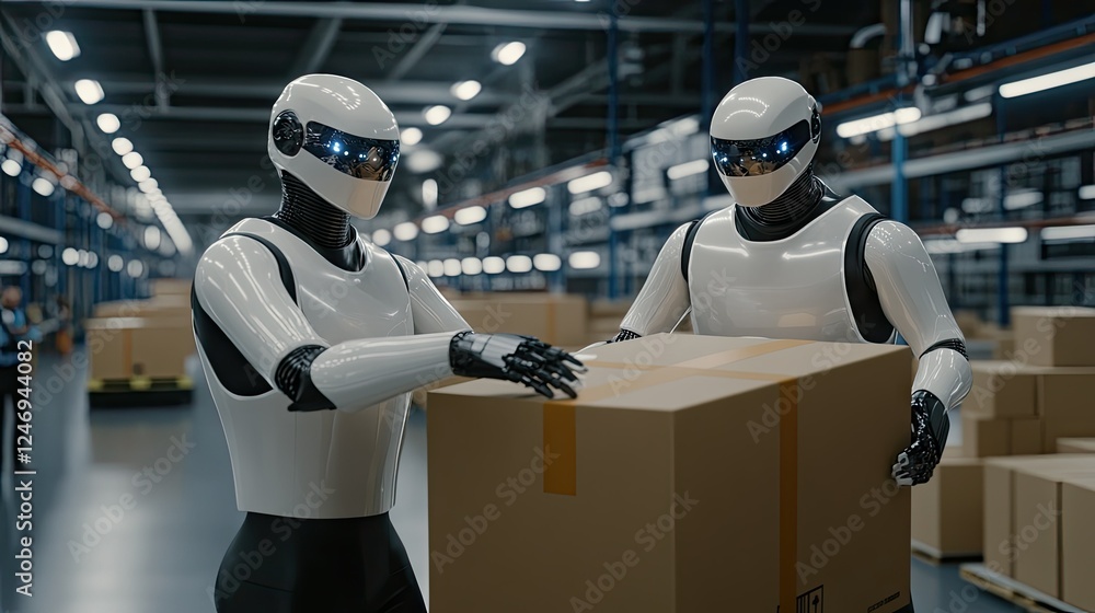 Poster in a contemporary warehouse setting, robots efficiently work together to handle and organize package