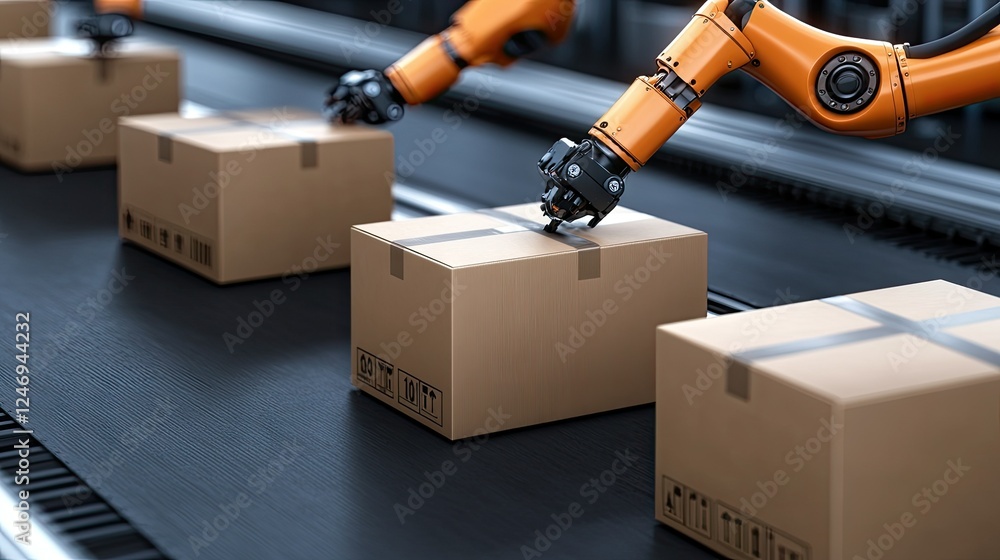 Poster robotic arms efficiently sorting cardboard boxes on a conveyor belt in a modern warehouse setting du