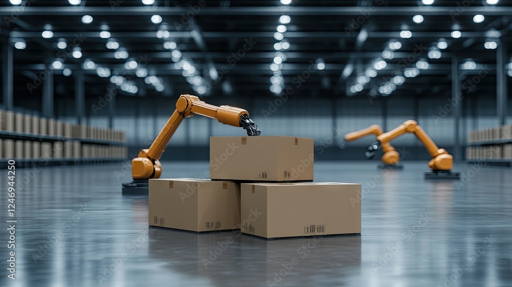 Poster in a state-of-the-art warehouse facility, automated robots efficiently sort and transport boxes amid