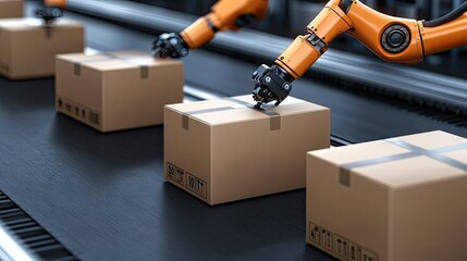 Robotic arms efficiently sorting cardboard boxes on a conveyor belt in a modern warehouse setting during daytime