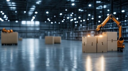A robotic arm is expertly handling the process of packaging boxes in a bustling modern warehouse during daytime operations