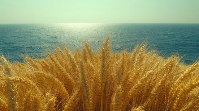 Golden wheat field overlooking calm sea, summer sunset