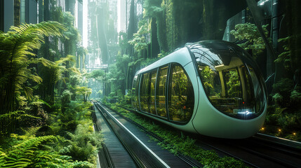 futuristic public transport system surrounded by lush greenery and tall trees, showcasing sleek, modern train design. scene evokes sense of harmony between technology and nature