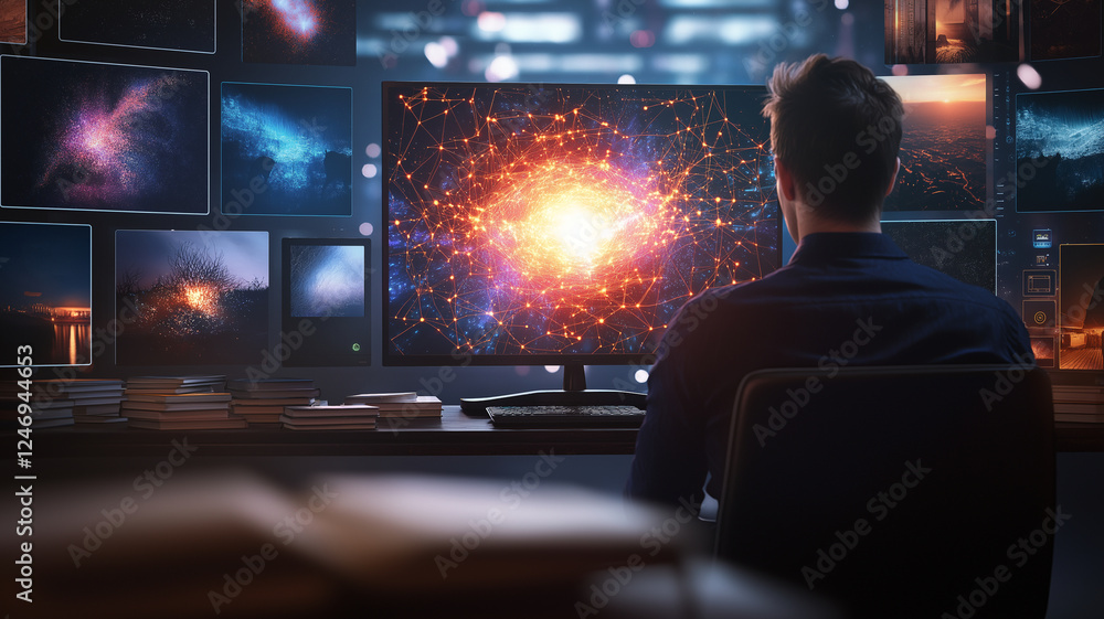 Poster man sits in front of large monitor, immersed in digital universe filled with vibrant cosmic visuals.