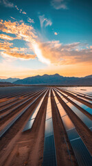 solar farm stretching across vast landscape under colorful sunset, showcasing rows of solar panels reflecting sky hues. serene environment highlights renewable energy