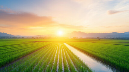 Obraz premium beautiful sunset over lush green rice fields, with reflections in water and mountains in background, creating serene and tranquil atmosphere