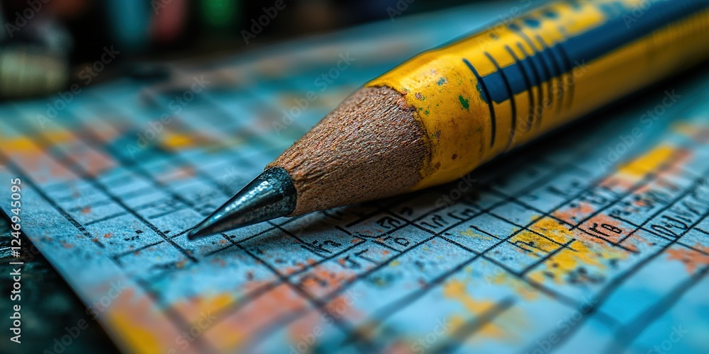 Poster close-up view of a sharpened pencil resting on a colorful, marked grid paper with notes and patterns
