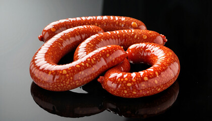 Isolated sucuk sausage illuminated against black background, culinary art