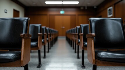 Empty courtroom chairs await, justice hall