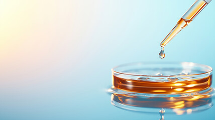 glass Petri dish with water and liquid, featuring dropper releasing droplet. soft gradient background creates serene atmosphere, enhancing scientific theme