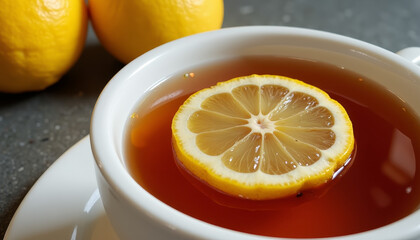 Warm cup of tea with a slice of lemon beside fresh lemons on a gray surface in soft natural light