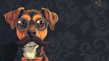 Fototapeta premium Cartoon dog face with a mustache, vintage background with monocles