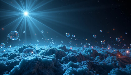 Fototapeta premium Floating bubbles in a dreamy cosmic cloudscape illuminated by radiant starlight during a serene night