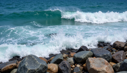 Waves crashing against the rocky shore create a mesmerizing dance of water and stone in a coastal paradise