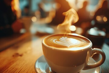 A close-up photograph captures a cup of coffee steaming gently, likely served in a cafe setting with blurred background elements suggesting an indoor environment with soft focus on people and lights