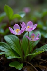 Fototapeta premium Close-up of purple wildflowers with green leaves and water droplets in natural setting