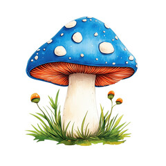 A colorful mushroom with a blue cap adorned with white spots and a white stem, accompanied by small plants.