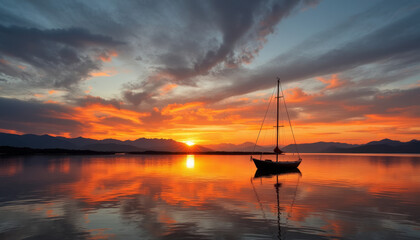 Majestic sunset over tranquil waters with a lonely sailboat silhouetted against vibrant skies