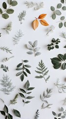 83. An intricate, nature-inspired layout of dry and green leaves on a white canvas