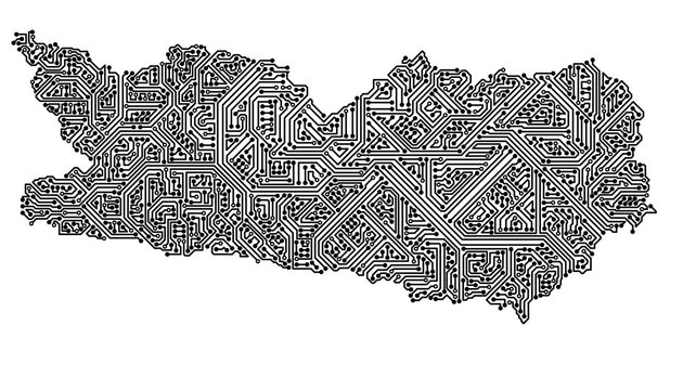 IT-Umriss des Österreichischen Bundeslands Kärnten, als Computerchip auf transparenten Hintergrund
