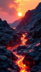 Sunflare on volcanic rock with lava flow in the background, smoldering, molten