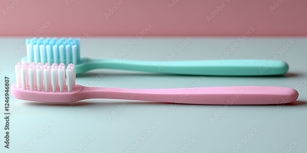 Poster colorful toothbrushes arranged on a clean surface with a minimalistic background in soft pastel tone