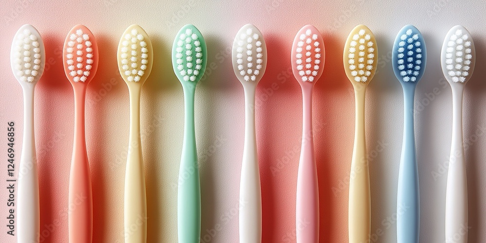 Poster colorful collection of toothbrushes arranged in a neat line against a soft pastel background