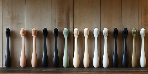Colorful assortment of modern toothbrushes displayed on a wooden shelf in a bright, minimalist bathroom