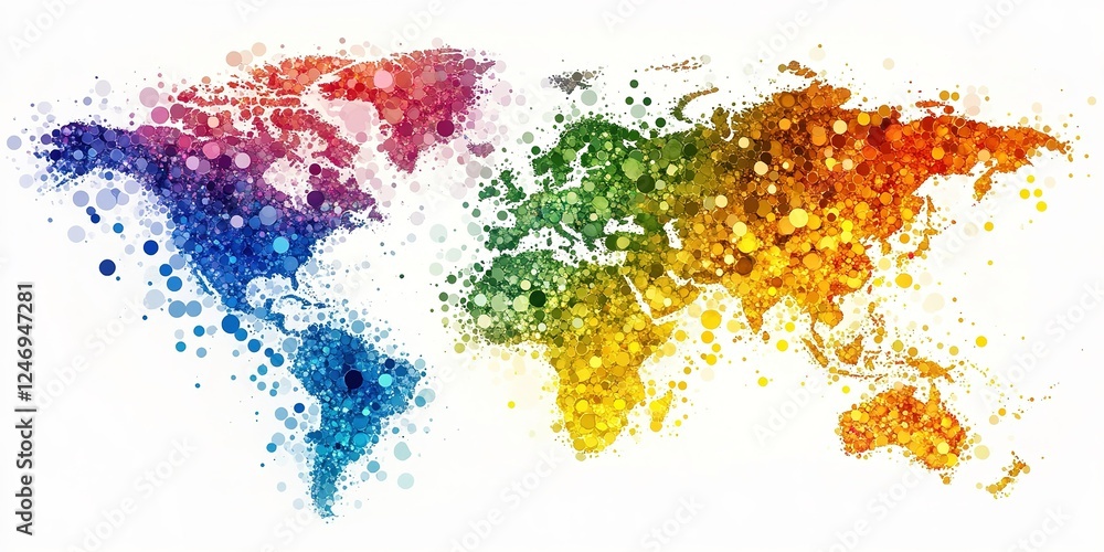 Poster colorful abstract world map created with vibrant dots showcasing geographical outlines and represent