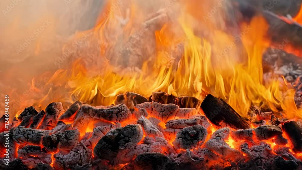 Poster intense flames rising from burning wood create a mesmerizing display of glowing embers and swirling 
