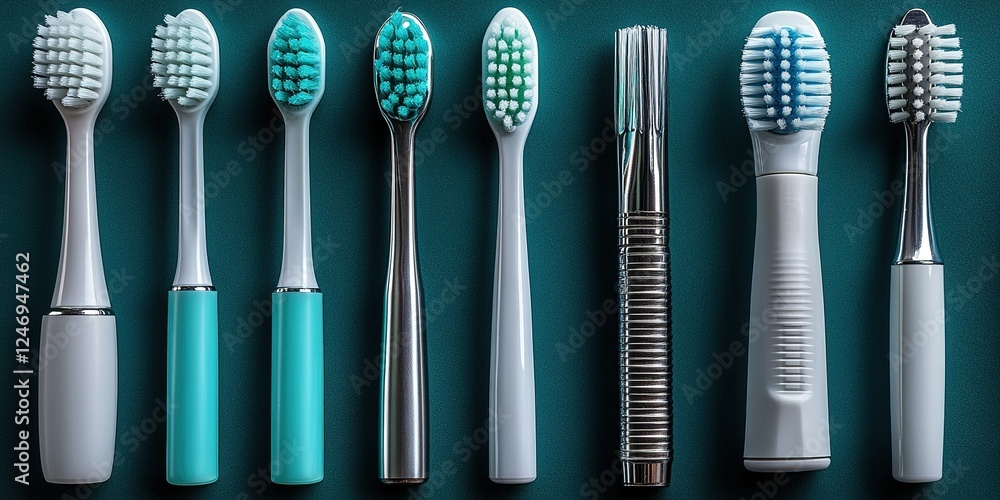 Poster selection of various toothbrushes lined up for comparison on a teal background showcasing diverse de