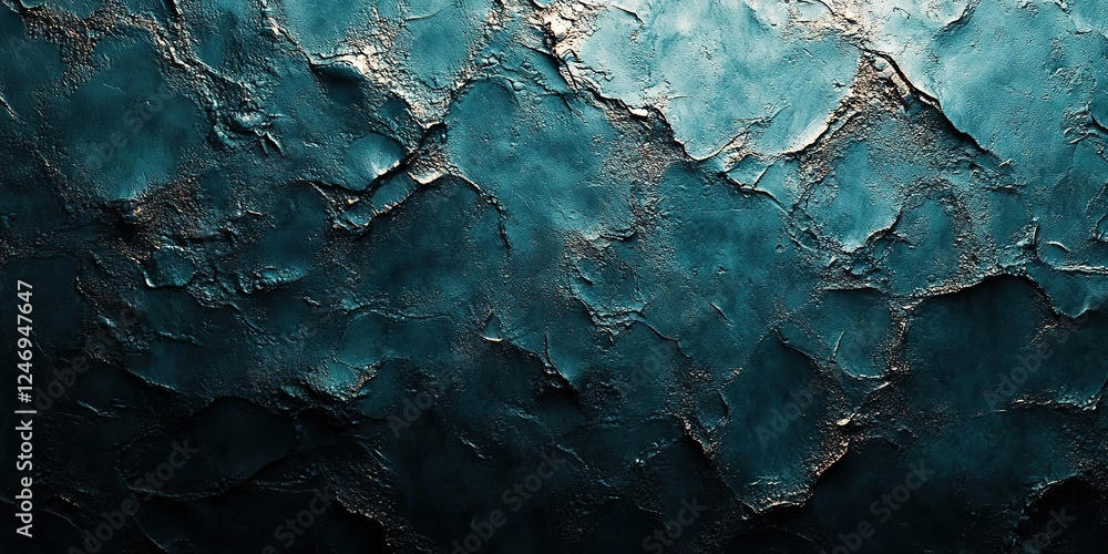 Poster textured surface with deep turquoise and gold tones creates an abstract visual experience for art en