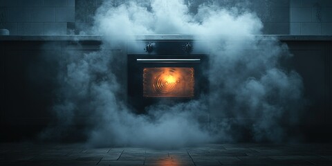 Smoke billows from an oven in a dimly lit kitchen during a late night cooking mishap