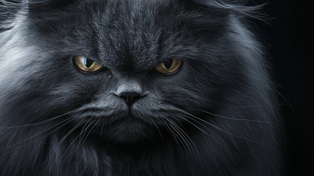 portrait of a majestic black Persian grumpy cat with intense golden eyes and luxurious fur