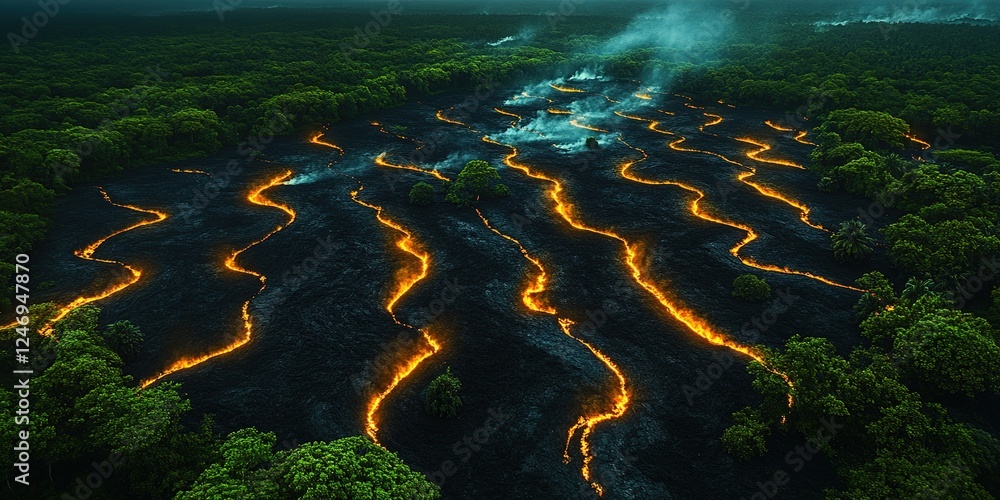 Poster lava flows create fiery patterns through dense jungle canopy during an active volcanic eruption