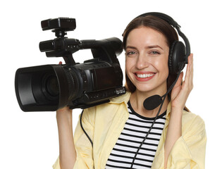 Happy woman with professional video camera and headset on white background
