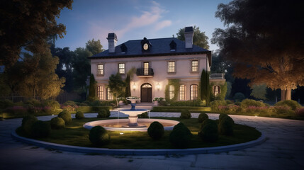 A classic European-style manor with white stone walls, arched windows, and a large circular driveway. 