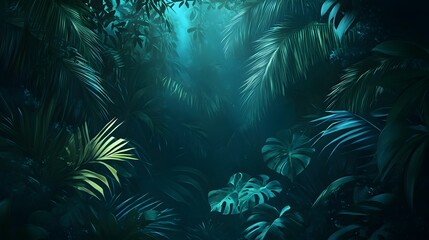 Mysterious Tropical Jungle: Lush Greenery and Exotic Foliage. Tropical rainforest leaves with a futuristic neon glow, blending nature and technology.