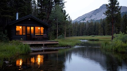 Mountain cabin river evening tranquil escape