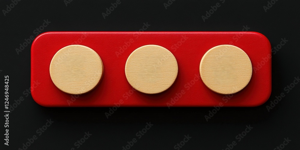 Poster bright red block with three round wooden pieces arranged in a playful design on a dark surface