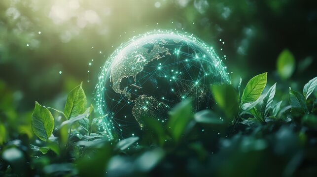 A digital globe surrounded by lush greenery, symbolizing technology and nature.