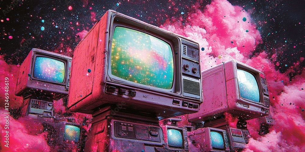 Poster old computers in a vibrant cosmic landscape create a surreal technological dreamscape