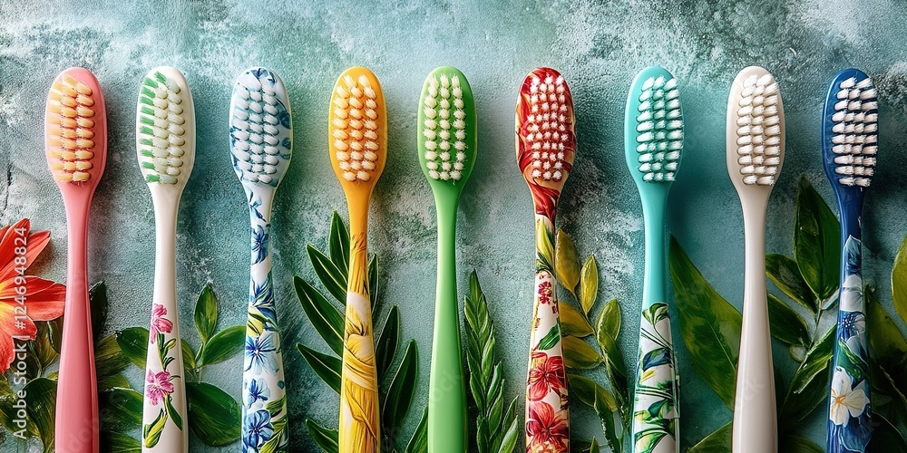 Poster colorful toothbrushes arranged in a vibrant display with floral patterns on a textured background