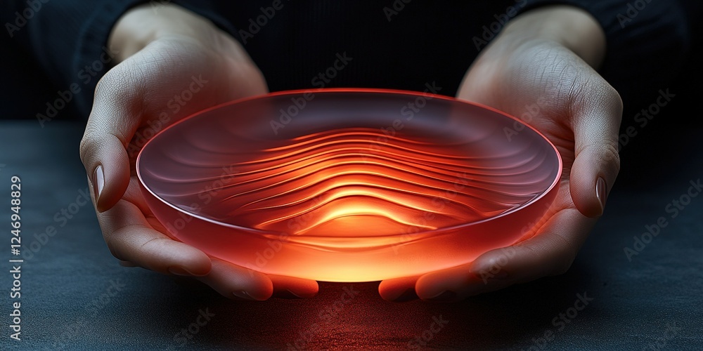 Poster hands gently hold a translucent dish illuminated with warm red light showcasing elegant wave pattern