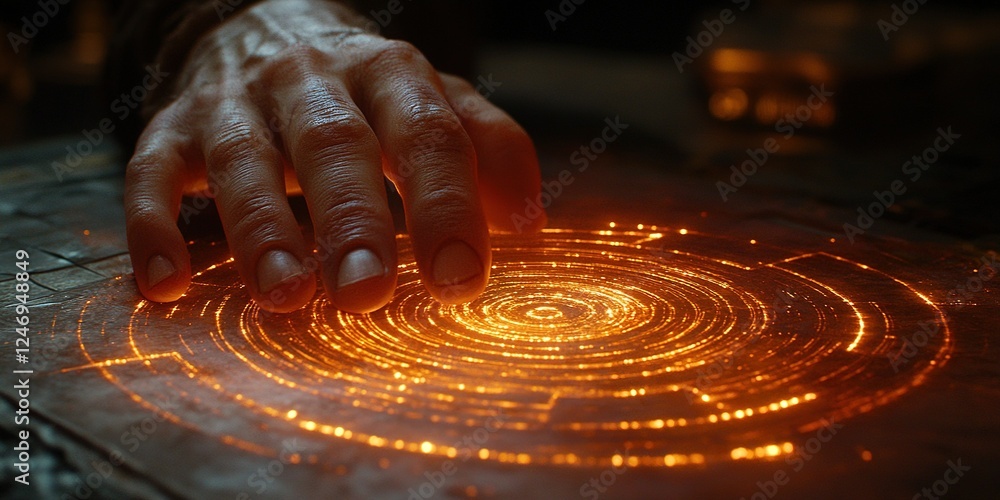 Poster intricate glowing pattern illuminated by a hand engaging with a mystical device in a dimly lit setti